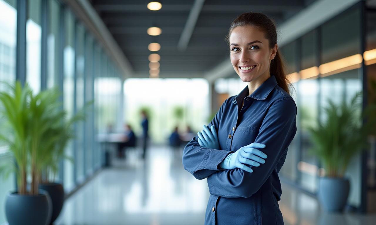 Professional cleaning team in a bright modern office building