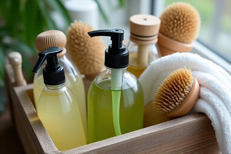 Eco-friendly cleaning supplies in a wooden crate