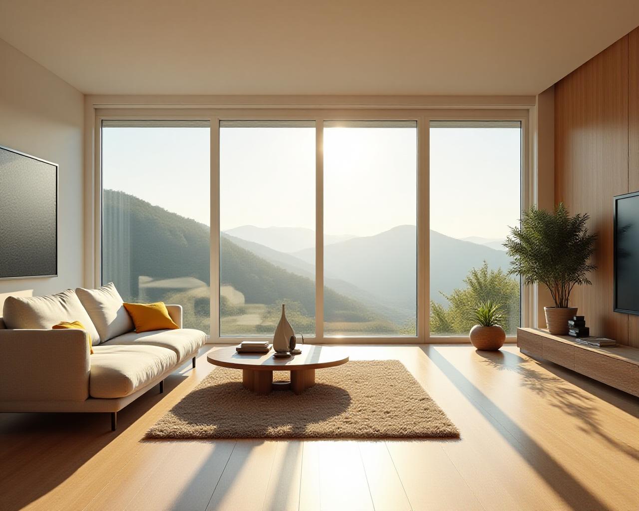 Clean modern living room reflecting mountain light