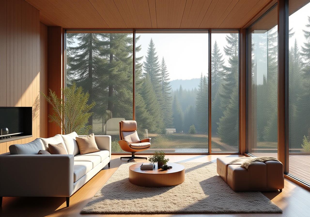 Stunning mountain cabin with large windows showing a clean, bright interior