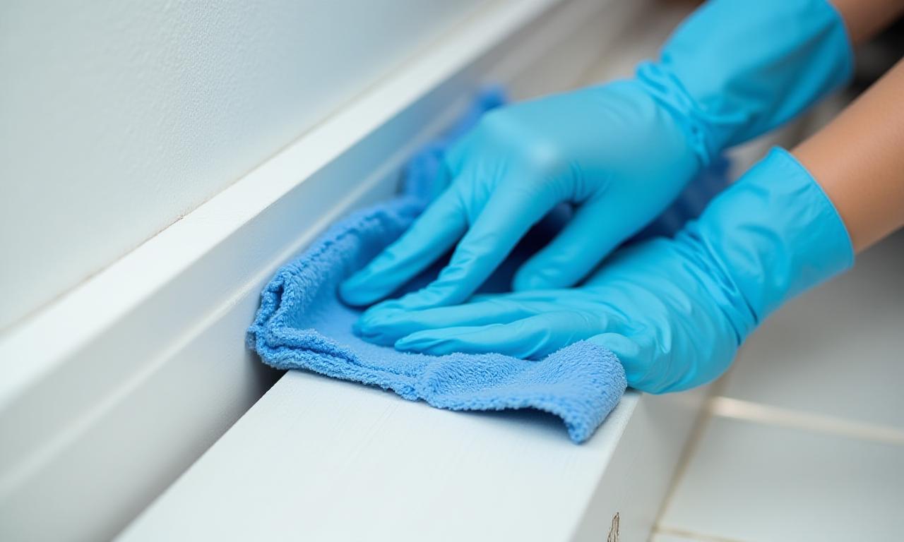 Close up of a professional cleaner cleaning wooden skirting boards with precision